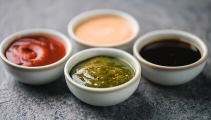 Dipping sauces in small ceramic bowls on stone table. Homemade sauces for food. Close-up.