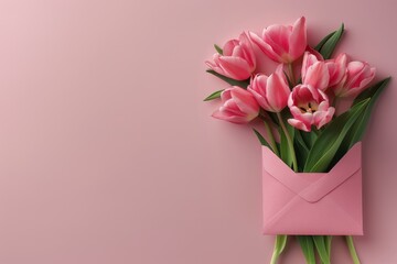 Obraz premium Pink Tulips and a Pink Envelope on a Pink Background