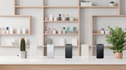 Fototapeta premium Modern store interior with smartphones on display and minimalist shelving in the background featuring various tech gadgets and decor items.