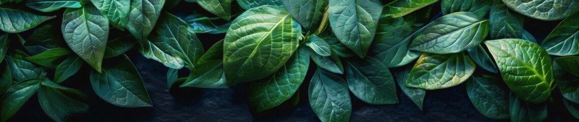 Close Up View of Lush Green Leaves on a Dark Background