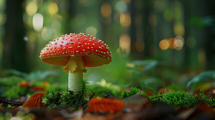 beautiful mushroom with a red cap in the forest close-up 