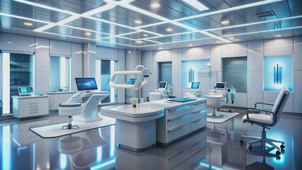 Sleek futuristic skincare station with advanced digital scanning technology, high-tech gadgets, and futuristic lighting, providing a cutting-edge skincare experience in a modern laboratory setting.