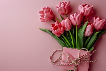 Fototapeta premium Pink Tulips and a Pink Envelope on a Pink Background