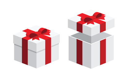 Open & close white gifts /present boxes with red color ribbon bows flat design illustration. Isometric vector interface elements for app icon ui ux banner web invitation isolated on white background