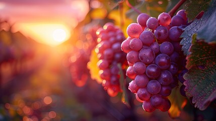 Fototapeta premium Vineyards at sunset in autumn harvest, Ripe grapes in fall Cluster grapes on left, Generative Ai 