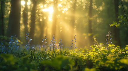 Fototapeta premium forest scene during what appears to be early morning or late afternoon. Sunlight filters through the trees, casting a warm, golden hue over the scene. In the foreground, there's a cluster of bluebell 