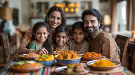 A telephoto angle photo featuring the whole family gathered around the dining table for a traditional Indian breakfast, with colorful dishes laid out, with copy space