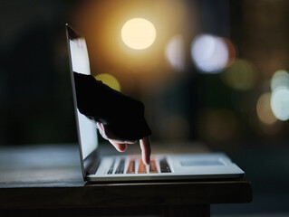Finger, laptop and cyber crime of hacker, online and hand in screen, criminal and closeup of person. Scam, cybersecurity and password for computer, technology and secret information in dashboard