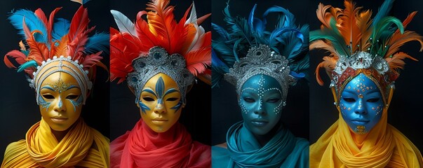 Obraz premium Four vibrant masks with feathers in blue, red, green, and yellow colors.
