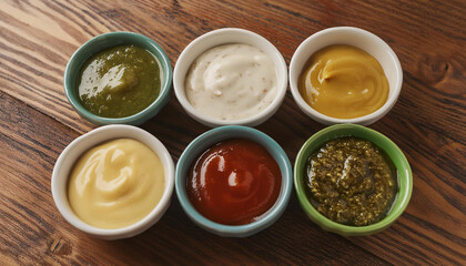 Dipping sauces in small ceramic bowls, placed on wooden table. Homemade sauces for food. Flat lay.