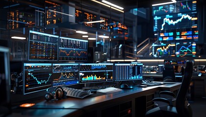Futuristic stock trading desk with advanced data visualization and analytics. 3D render, cinematic lighting, dark ambiance.