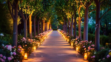A beautifully lit pathway lined with flowers for an evening event