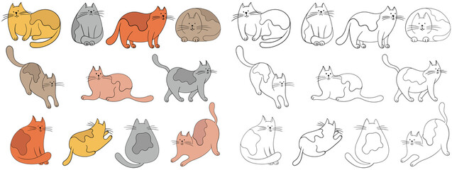 Set of cute simple doodle cats. Hand drawn simple animal illustration collection isolated on white background.