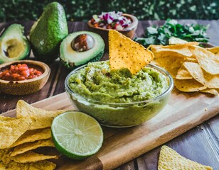 A delicious Bowl of Guacamole next to fresh ingredients on a table with tortilla chips and salsa. Guacamole and chips on a wood cutting board vertical shot restaurant style serving with avocados
