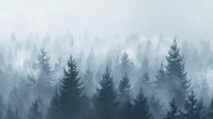 Obraz premium Misty Morning Fog in the Mountain Forest with Snow and Pine Trees