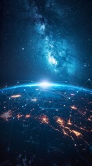 Obraz premium A stunning view of Earth from space, with a glowing sunrise and a network of lines connecting the planet.
