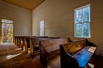Cades Cove Methodist Church interior in Great Smoky Mountains National Park in Townsend Tennessee. One-room Appalachian church.