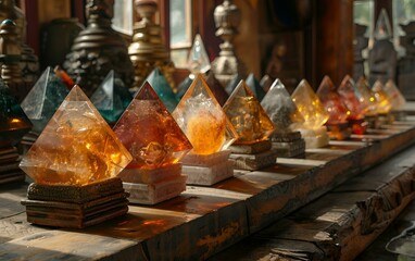 A row of vibrant crystals in various colors.