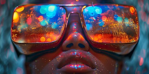 A woman wearing sunglasses with colorful lights at a music festival.