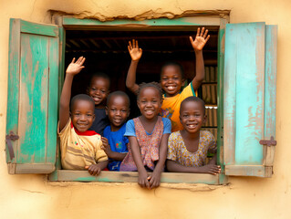 Group of african children smiling and waving from a colorful window	