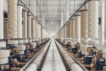 Industrial Textile Factory Interior Overview Showing Spinning Machines and Thread Bobbins for Manufacturing Processes in Stock Art