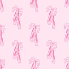 Seamless pattern pointe shoes with bow. Female pink ballet slippers for classic elegant dance © Iryna