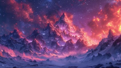 Fototapeta premium Snowy Mountains Under a Starry, Pink and Orange Sky