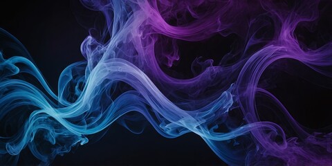 Waves of neon swirling blue and purple smoke dark abstract background.