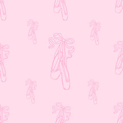 Seamless pattern pointe shoes with bow. Female pink ballet slippers for classic elegant dance