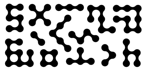 Set of connected black dots. Transition metaballs. Integration symbol. Circles pattern