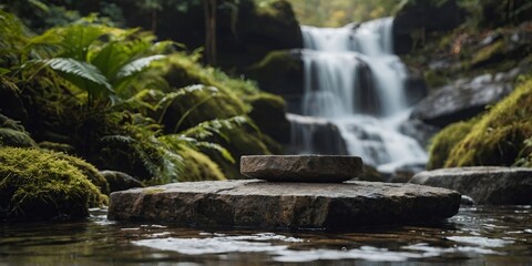 Podium product display blends into nature with stone table on waterfall background.