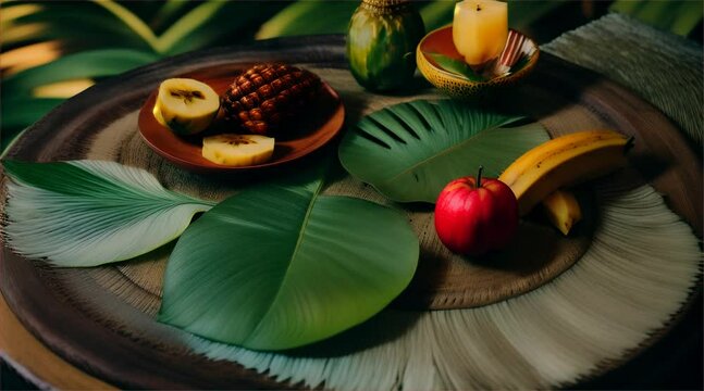 A table setting in the jungle with natural tableware, banana leaves, pineapples, and saba bananas, surrounded by lush greenery