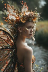 A photographic image of a fairy queen with elaborate, shimmering wings and a crown of flowers, standing by a sparkling stream.