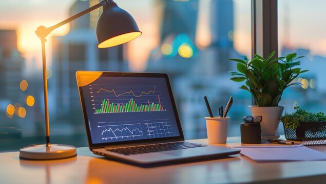 A modern office desk with an open laptop displaying graphs and charts.