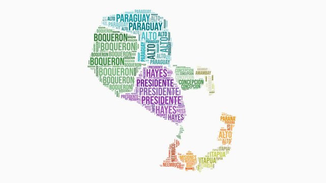 Paraguay regions word cloud animation. Country logo animated video. Paraguay colored text cloud. Regions typography style motion graphics. Awesome video.