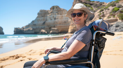 Fototapeta premium Smiling Woman in Wheelchair at the Beach ..