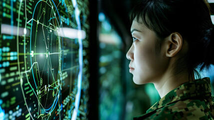 Military Radar Operator Focuses on Screen..