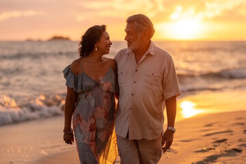 Elderly couple walking on the beach at sunset, sharing a moment of affection. Concept for love, romance, and senior relationships, suitable for promoting couple's retreats and romantic getaways