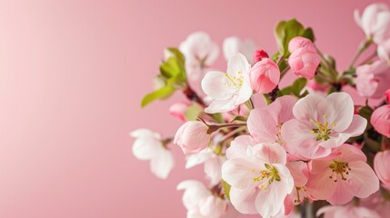 Fototapeta premium Apple blossoms bouquet in vase with pink background and space for text