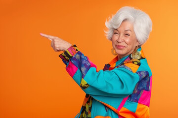 Elderly woman in colorful clothing pointing with enthusiasm and joy. Concept for self-expression, individuality, and fashion, suitable for promoting senior style and confidence in aging