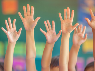 Children raise their hands to answer in the classroom