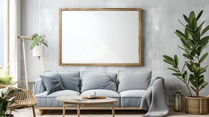 Bright Living Room with Light Gray Sofa and Indoor Plants
