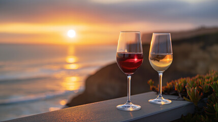 Two wine glasses placed side by side on a surface, possibly a table or ledge. The glass on the left contains a dark-colored liquid, possibly red wine