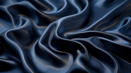 Obraz premium A close-up view of a smooth, dark-colored fabric, possibly silk or satin. The fabric displays a rich texture with folds and creases, creating a wavy pattern