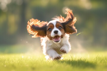 Fototapeta premium Funny young dog running and jumping on green grass