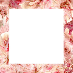 Frame square autumn leaves of maple and birch, acacia, linden and oak on white background. Watercolor illustration in bright colors. The drawing is drawn by hand. Suitable for cards