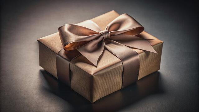 Stunning gift box wrapped in elegant paper with a satin ribbon, shot against a dark background with soft shadows, natural light, and precise focus.
