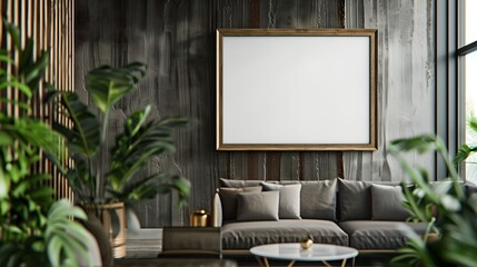 Modern Living Room with Dark Accent Wall and Green Plants
