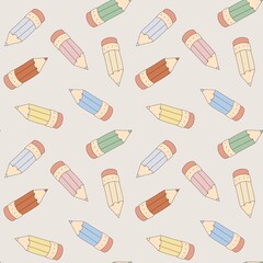 Cute cartoon pencils seamless pattern, school supplies paper, pastel colors