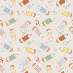 Cute cartoon pencils seamless pattern, school supplies paper, pastel colors